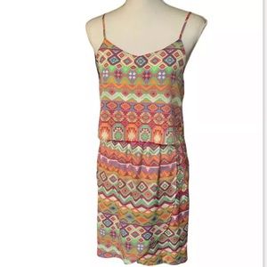 Everly Sundress Spaghetti Strap White Orange Geometric Sleeveless Dress Small